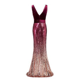 Sexy Sequins Mermaid V Neck Burgundy Velvet Long Prom Dresses Backless Evening Dress STK15352