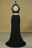 2024 High Neck Two-Piece Spandex Sheath With Beads And Applique Open Back Prom PPKPQ1L9