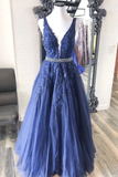 A-Line V Neck Appliques Floor Length Prom Dresses Tulle Evening STKPG7XXJK9