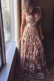 Deep V Neck Lace Applique A-line Prom Dresses, Beads Long Formal Dresses STK15139