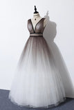 Elegant A Line Long Tulle V Neck Straps Prom Dresses, Lace up Party Dresses STK15147