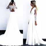 Charming White V Neck Long Sleeves Satin Wedding Dresses, Long Cheap Bridal Dresses STK15507