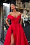 Off the Shoulder Red Satin V Neck Long Prom Dresses, High Slit Party Dresses with Pockets STK15271