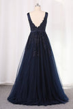 2024 A Line V Neck Tulle Open Back Prom Dresses PXLQ5M4F