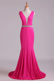 2024 Prom Dresses Open Back Column V Neck Beaded Waistline Sweep PDNHAFHJ