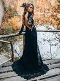 Black Sweetheart Long Sleeves Lace Backless Wedding Dresses