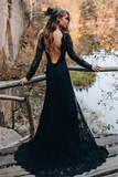 Black Sweetheart Long Sleeves Lace Backless Wedding Dresses