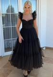 Black Tulle Ruffles Tea Length Formal Prom Party Dress