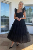 Black Tulle Ruffles Tea Length Formal Prom Party Dress