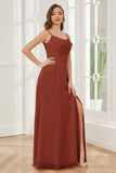 Spaghetti Straps Chiffon Long Bridesmaid Dresses with Slit