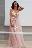 Elegant A-Line Spaghetti Straps Long Pearl Pink Appliques V Neck Backless Prom Dresses