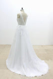 V-Cut shape Back Tulle Lace Appliques A Line Open Back Beach Wedding Dresses