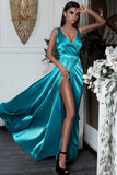 Sexy A Line Split Turquoise V-Neck Green Satin Prom Dresses with High Slit