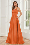 Spaghetti Straps V-neck Soft Satin Bridesmaid Dress