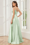 Spaghetti Straps V-neck Soft Satin Bridesmaid Dress