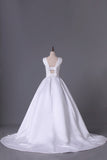 2024 Scoop Sexy Back A Line Beaded Bodice Satin Wedding Dress PGJ84C4Z