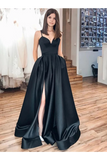 Black Spaghetti Straps Split Long Satin Prom Dress A Line Simple Long Formal STKP5G4JRHJ