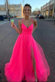 Modest Tulle V Neck Spaghetti Straps Pink Long Prom Dresses with STK15656