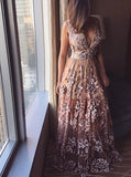 Deep V Neck Lace Applique A-line Prom Dresses, Beads Long Formal Dresses STK15139