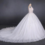 Princess Ball Gown Sheer Neck White Wedding Dresses Lace Appliqued Bridal Dresses STK15293