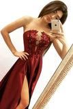 Elegant A line Strapless V Neck Burgundy Beads Prom Dresses with Slit, Party STK20412