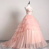 Princess Ball Gown Pink 3D Lace Multi-layered Prom Dresses, Tulle Quinceanera Dresses STK15292