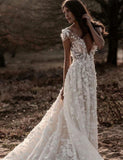 A Line Ivory V Neck Country Wedding Dresses with Appliques, Beach Wedding Gowns STK15548