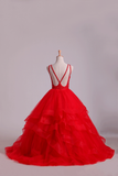 2024 Red Scoop Ball Gown Tulle Floor Length With Beading