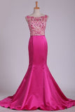 2024 Sexy Open Back Prom Dresses Mermaid/Trumpet Bateau Beaded Bodice Satin P9JQMZET