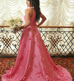 A-line Halter Light Plum Prom Dresses With Handmade Flowers, Open Back Evening Dresses STK15050