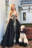 Mermaid V Neck Gold and Black Long Prom Dresses With Appliques, Formal Gowns STK15267