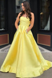 Charming A Line Yellow Satin Strapless Beads Party Dresses with Pockets STK15568