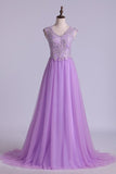 2024 V Neck A Line/Princess Prom Dress Tulle With Applique PT8FB91T