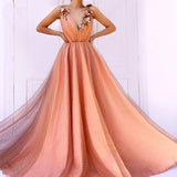 Charming Orange 3D Flowers Long Prom Dresses V-neck Tulle Cheap Evening Dresses STK15120