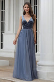 A-Line V-Neck Sleeveless Blue Floor-length Evening Dress Cheap Prom Dresses STK15055