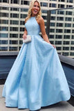 Elegant A Line Satin Jewel Pearls Blue Open Back Prom Evening Dresses With Pockets STK15151