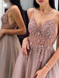 Gorgeous A-Line Spaghetti Straps V Neck Blush Tulle Prom Dresses, Cheap Evening Dresses STK15235