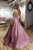 Unique A line Pink Sequins Spaghetti Straps Prom Dresses, Evening STK15678