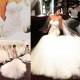 Stunning Mermaid Strapless Sweetheart Tulle Wedding Dresses with Appliques, Wedding Gowns STK15439