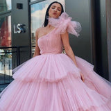 Charming Ball Gown Tulle Pink One Shoulder Long Prom Dresses, Quinceanera Dresses STK15096