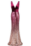 Sexy Sequins Mermaid V Neck Burgundy Velvet Long Prom Dresses Backless Evening Dress STK15352