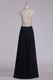 2024 Chiffon Prom Dresses Floor Length Halter A Line With Beads Open P8J1QARA