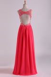 2024 Open Back V Neck Prom Dresses Beaded Bodice Chiffon Floor Length