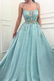 Elegant A Line Spaghetti Straps Tulle Scoop Prom Dresses with Appliques, Formal Dresses STK15512