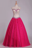 2024 Quinceanera Dresses Ball Gown Sweetheart Beaded Bodice Tulle PRE7F3XB