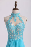 2024 High Neck A Line Prom Dresses With Applique&Beads PLCHEZX7