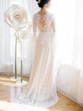 Unique V Neck Lace-up Mermaid Back Bridal Dresses Ivory Lace Trumpet Sleeve Wedding Dresses STK15469