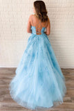 Unique A-Line Sky Blue Tulle Appliques Beads Scoop Prom Dresses with Lace STK15681