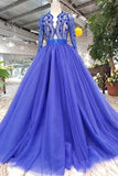 2024 Long Sleeves V Neck Prom Dresses Tulle With Applique A PA9YBZCC