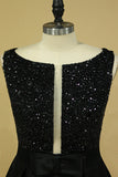 2024 Black Prom Dresses Black Bodice Scoop Satin Floor Length Beaded & PQANBK31